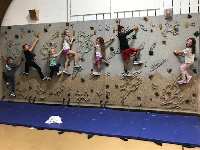 kids on climbing wall for PE
